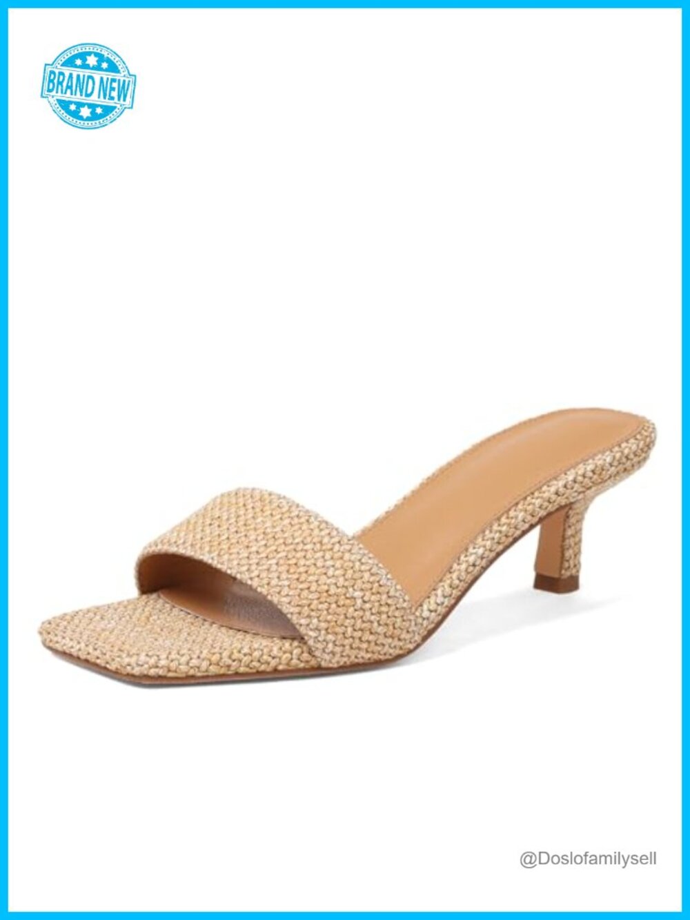 Ancomafio Kitten Heel Raffia Sandals 2 Inch Square Open Toe Slip On Summer Heels